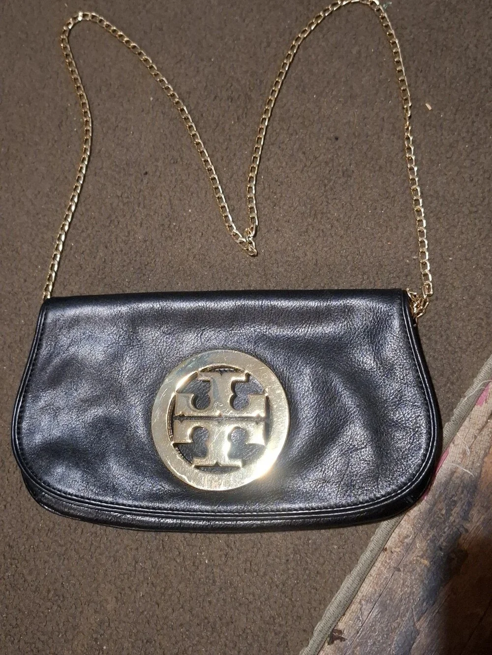 Tory Burch Black Leather Clutch with Gold Logo